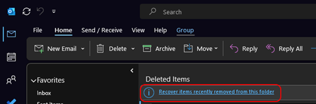 Outlook link to open the Recover Deleted Items window