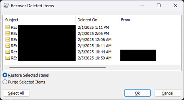 Outlook Recover Deleted Items window