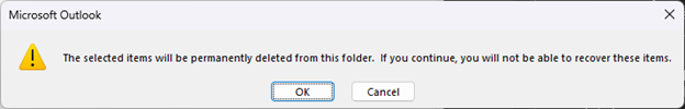 Outlook confirmation screen for purging a message from Recoverable Items